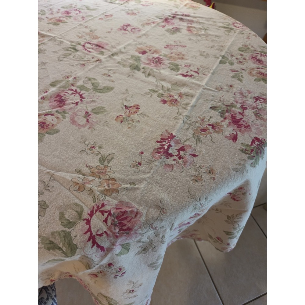 Shabby Cottage Rose Tablecloth 46x64 Tan Pink Roses County Garden Cotton